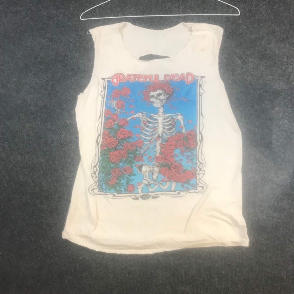 Grateful Dead Tank Top Womens M White Floral Skeleton Graphic Print Cutout Back